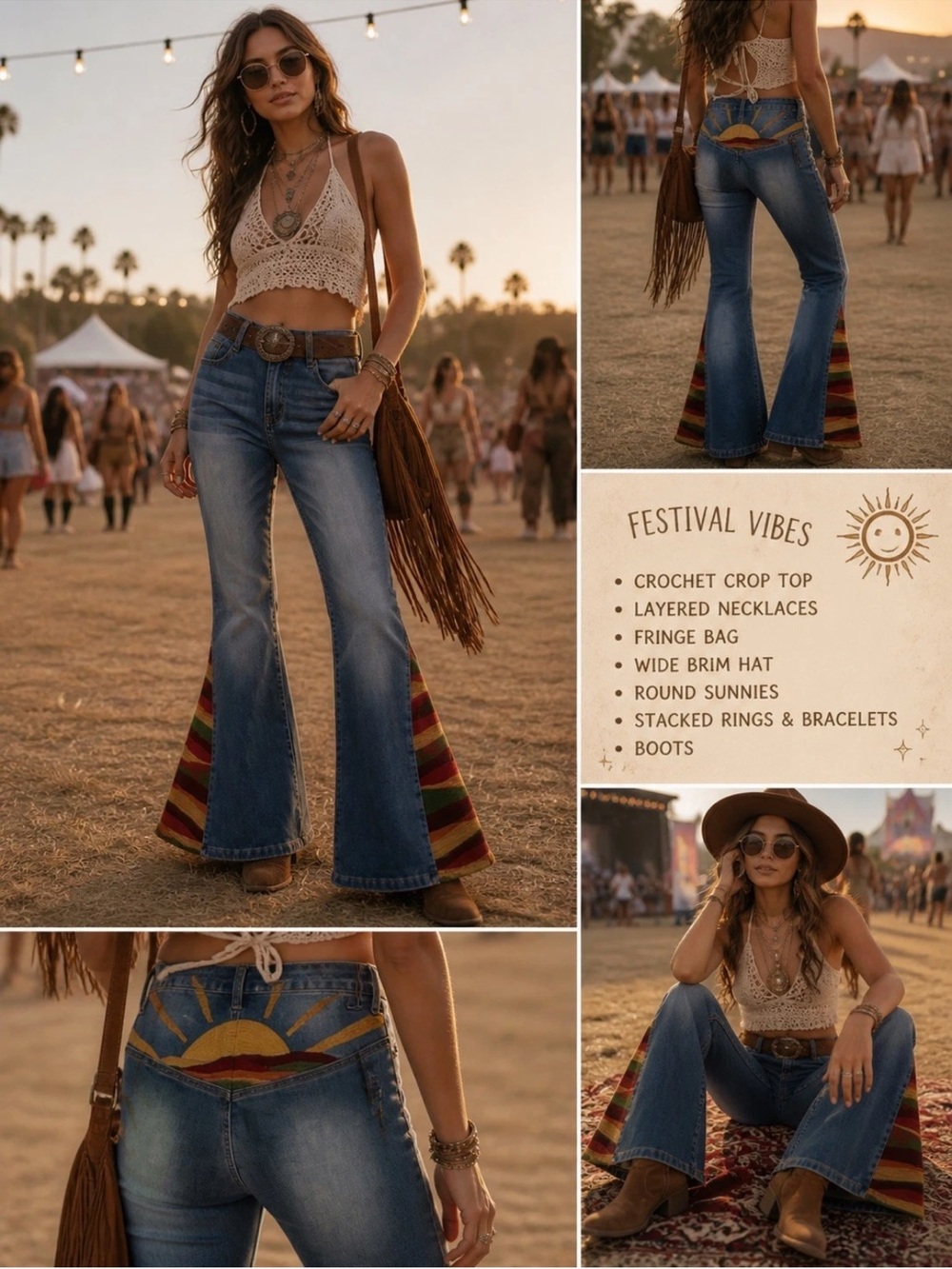 Festival-Ready High-Rise Flare Jeans in Blue with Sunset Embroidery